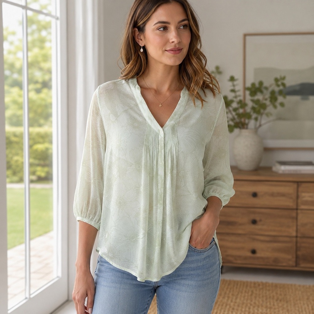 LC Lauren Conrad Sheer Leaf Print Blouse XS Pastel Green Chiffon 3/4 Sleeve